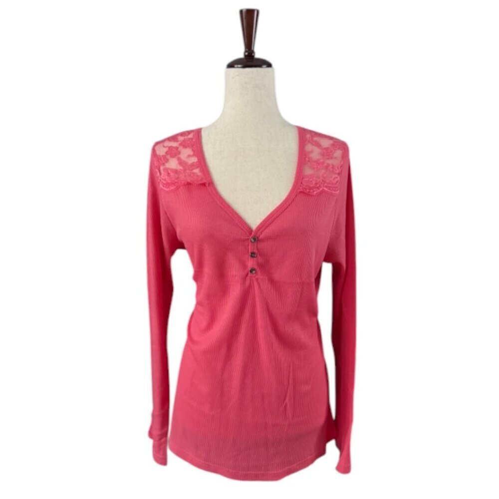 Colt Story Women's Long Sleeve V Neck Pink Buttons Lace Details T-Shirt PLUS 2XL - Picture 2 of 13